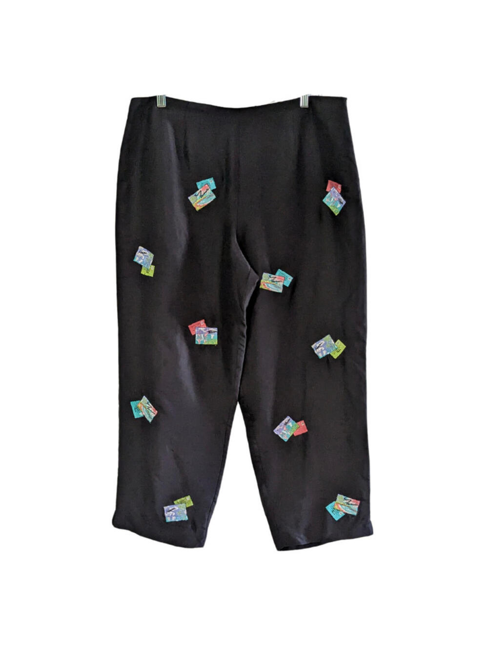 S.L.B. Women's Capri Silk Black Pants, Size 14, Embroidered, Lined, Side Zipper